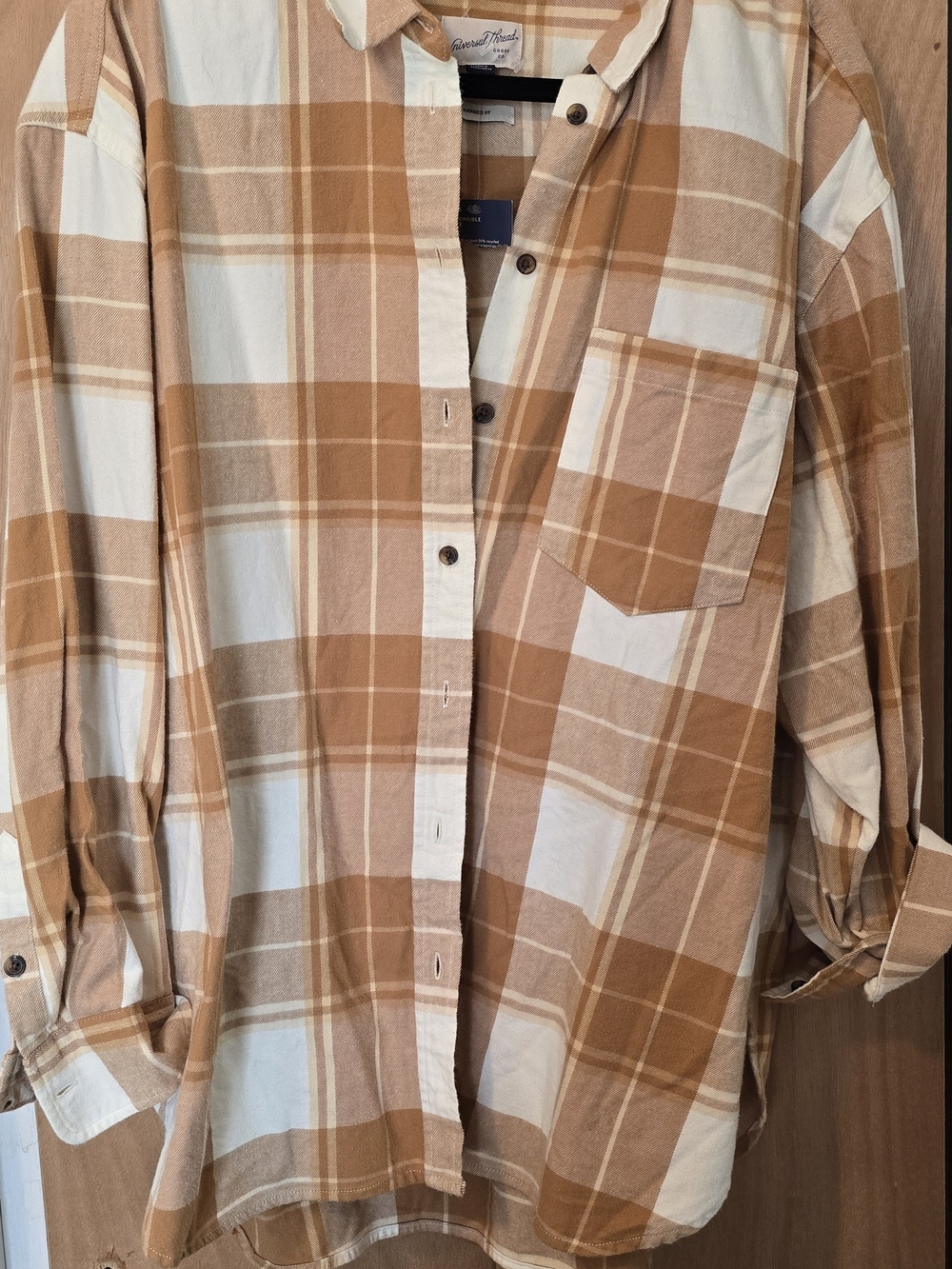 Universal Thread Plaid Button-Down Shirt in Camel and White